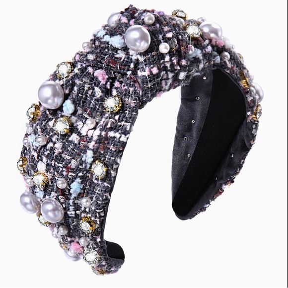 Elegant Tweed Headband with Pearls and crystals 
Black and multicolored New main image 7